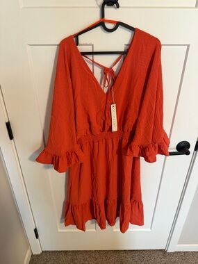 She + Sky Coral-Red Ruffle Mini Dress